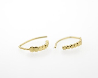 May include: A pair of gold hoop earrings with a row of small, round beads.