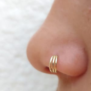 May include: Gold nose ring with three thin bands.