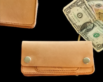May include: A light brown leather wallet with two silver snap closures. The wallet is shown with a stack of bills and another wallet in the background. The leather has visible stitching.