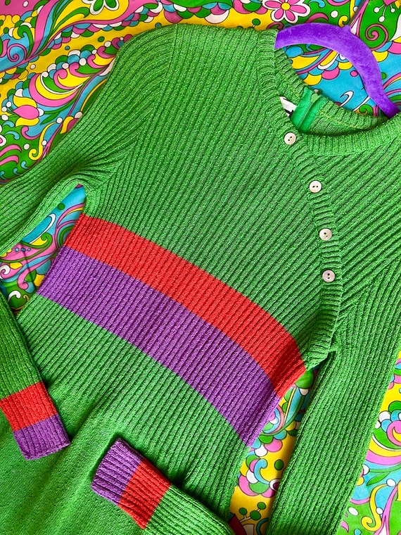 70’s Bright Green Tricots Youth Guild Rainbow Str… - image 3