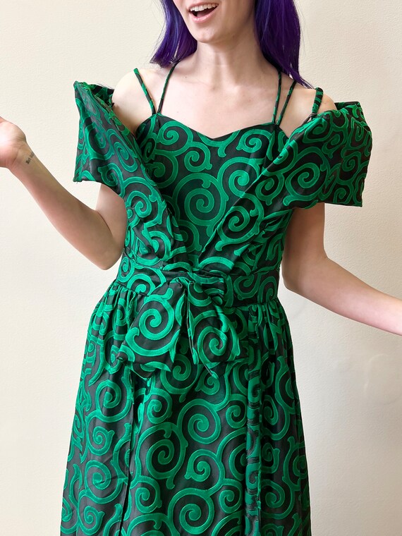 80’s Black Green Brocade Mini Dress and Maxi Cape… - image 6