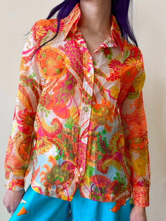 70’s Sheer Crepe Psychedelic Neon Paisley Floral … - image 4