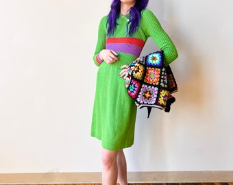 70’s Bright Green Tricots Youth Guild Rainbow Striped Knit Long Sleeve Mini Sweater Dress