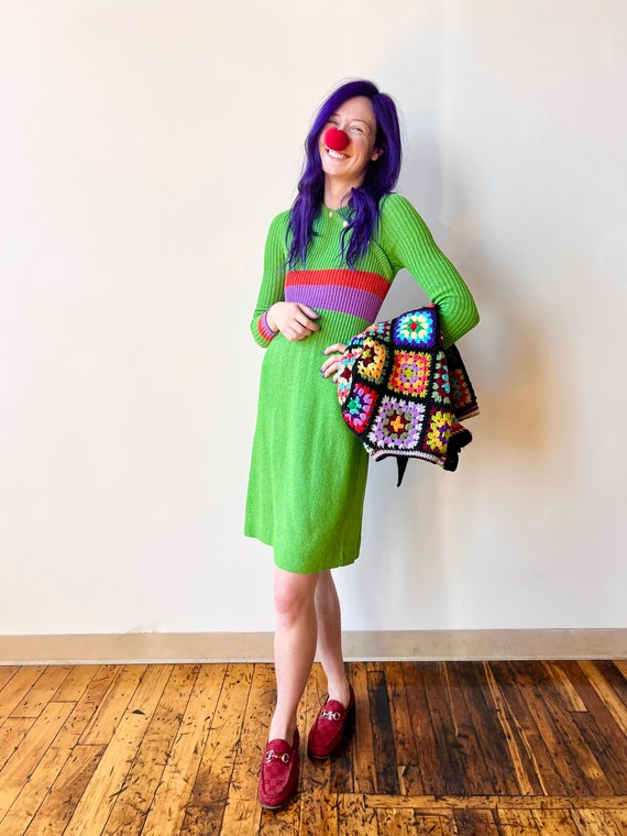 70's Bright Green Tricots Youth Guild Rainbow Striped Knit Long Sleeve Mini Sweater Dress