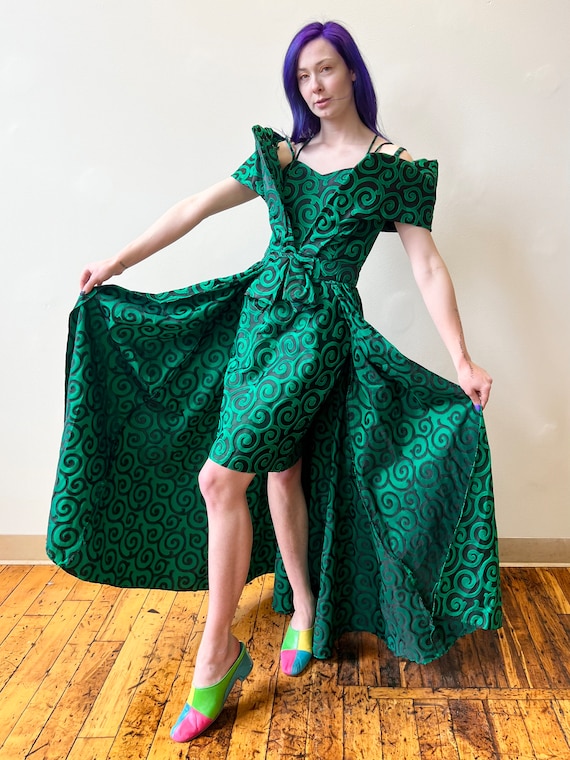 80’s Black Green Brocade Mini Dress and Maxi Cape… - image 1