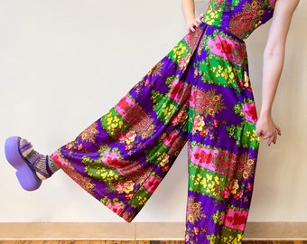 ★LECYTO★ Vintage Pigment SleevelessBeige 70's Bright Purple Rainbow Floral Psychedelic Palazzo