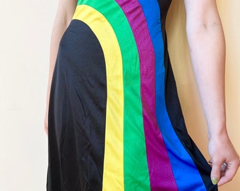 70’s Lé Gambi Black Slinky Rainbow Mini Dress Open Back
