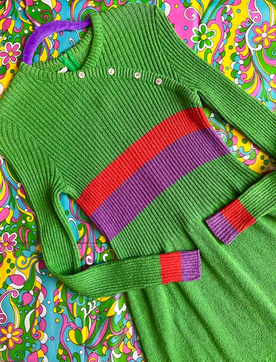 70’s Bright Green Tricots Youth Guild Rainbow Str… - image 2