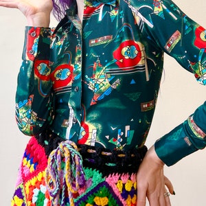 70s Emerald Green Atomic Psychedelic Print Disco Shirt image 1