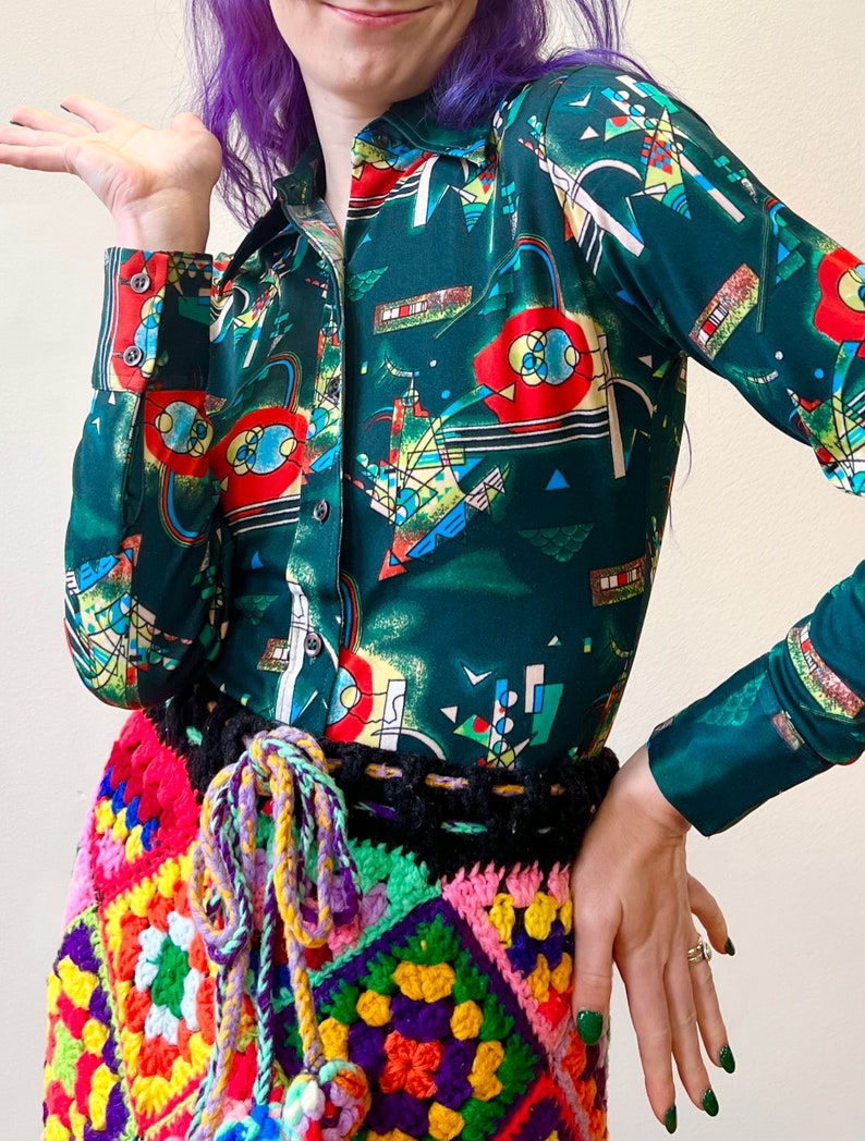 70s Emerald Green Atomic Psychedelic Print Disco Shirt image 1