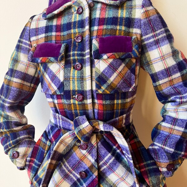 70’s Purple Blue Plaid Fitted Velvet Button Up Belted Coat Jacket