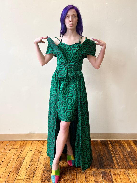 80’s Black Green Brocade Mini Dress and Maxi Cape… - image 7