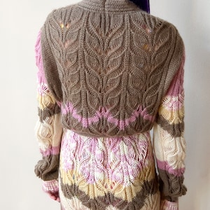 Y2K Missoni Wool Mohair Brown Cream Pink Hand Knit Long Cardigan Tie Waist Sweater image 4