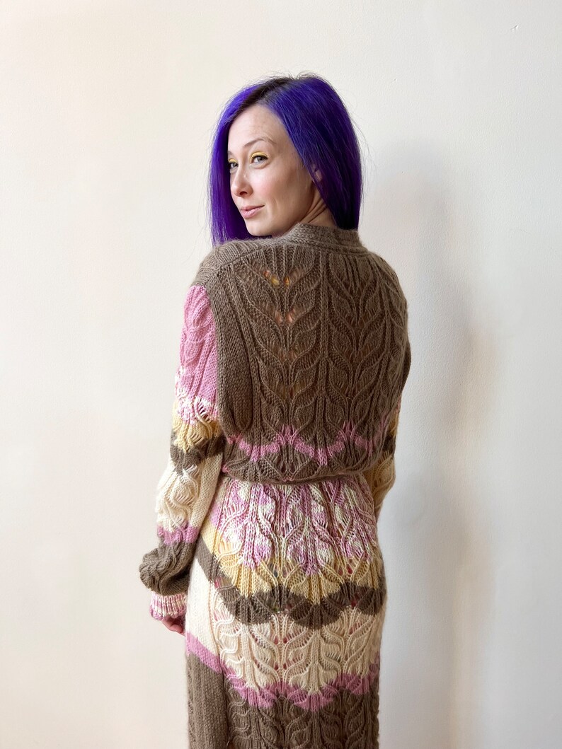 Y2K Missoni Wool Mohair Brown Cream Pink Hand Knit Long Cardigan Tie Waist Sweater image 7