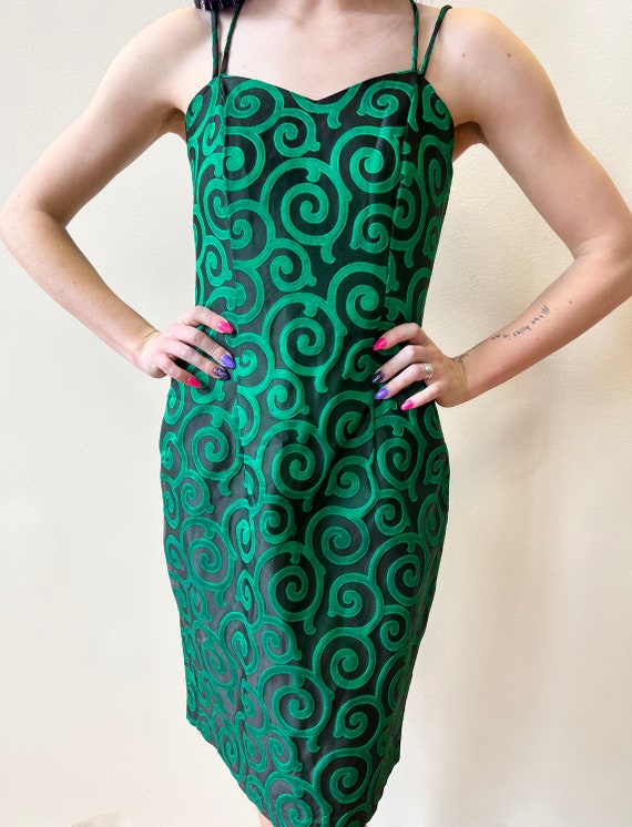 80’s Black Green Brocade Mini Dress and Maxi Cape… - image 9