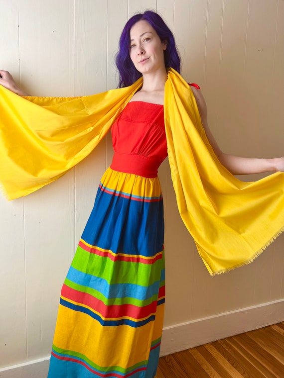 70’s Rainbow Primary Color Strappy Maxi with Scarf