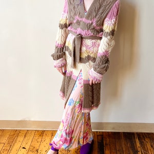 Y2K Missoni Wool Mohair Brown Cream Pink Hand Knit Long Cardigan Tie Waist Sweater image 6