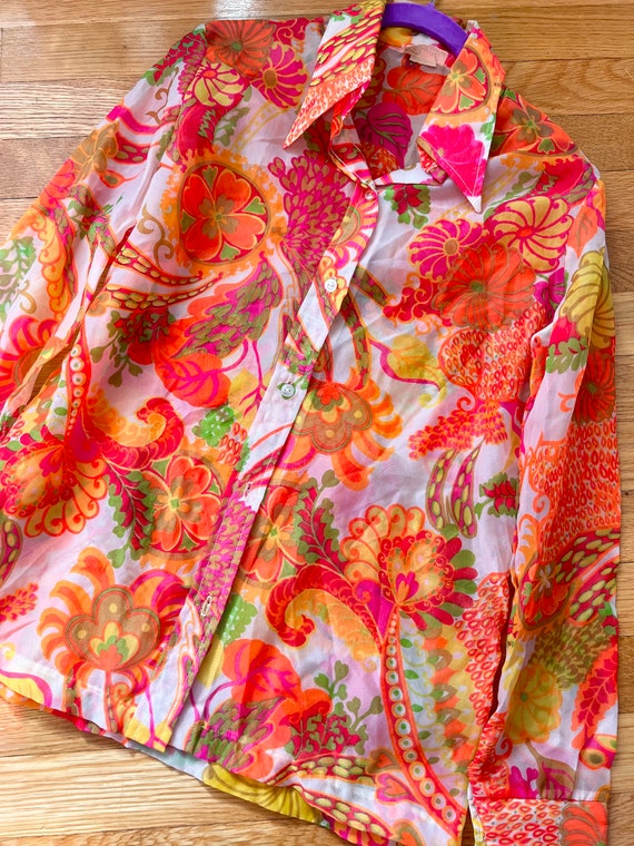 70’s Sheer Crepe Psychedelic Neon Paisley Floral … - image 1