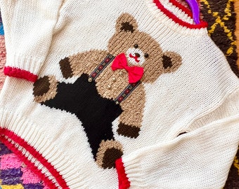 80's Teddy Bear Cream Red Chunky hand Gebreide Heidi Sweater