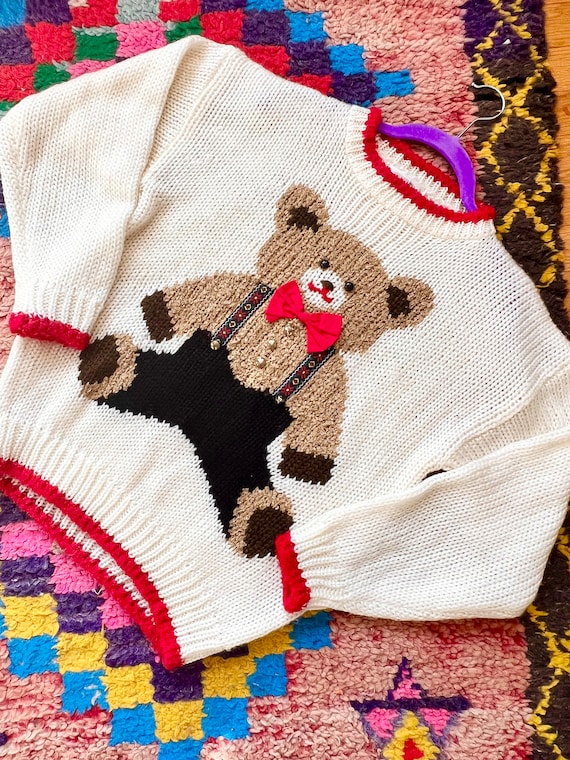 80’s Teddy Bear Cream Red Chunky hand Knit Heidi S