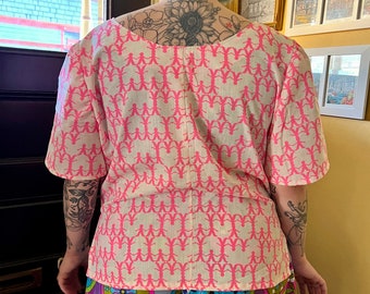 LBV Handmade 70’s Cotton Pink Peoples Puff Sleeve Side Split Blouse 3X