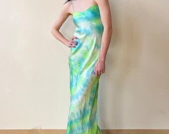 LBV 90’s Silk Hand Dyed Bias Cut Slip Dress Neon Green Turquoise Tie Dye