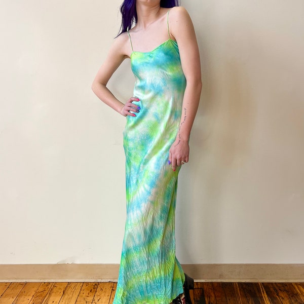 LBV 90's Silk Hand Dyed Bias Cut Slip Dress Neon Green Turquoise Tie Dye