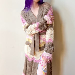 Y2K Missoni Wool Mohair Brown Cream Pink Hand Knit Long Cardigan Tie Waist Sweater image 2