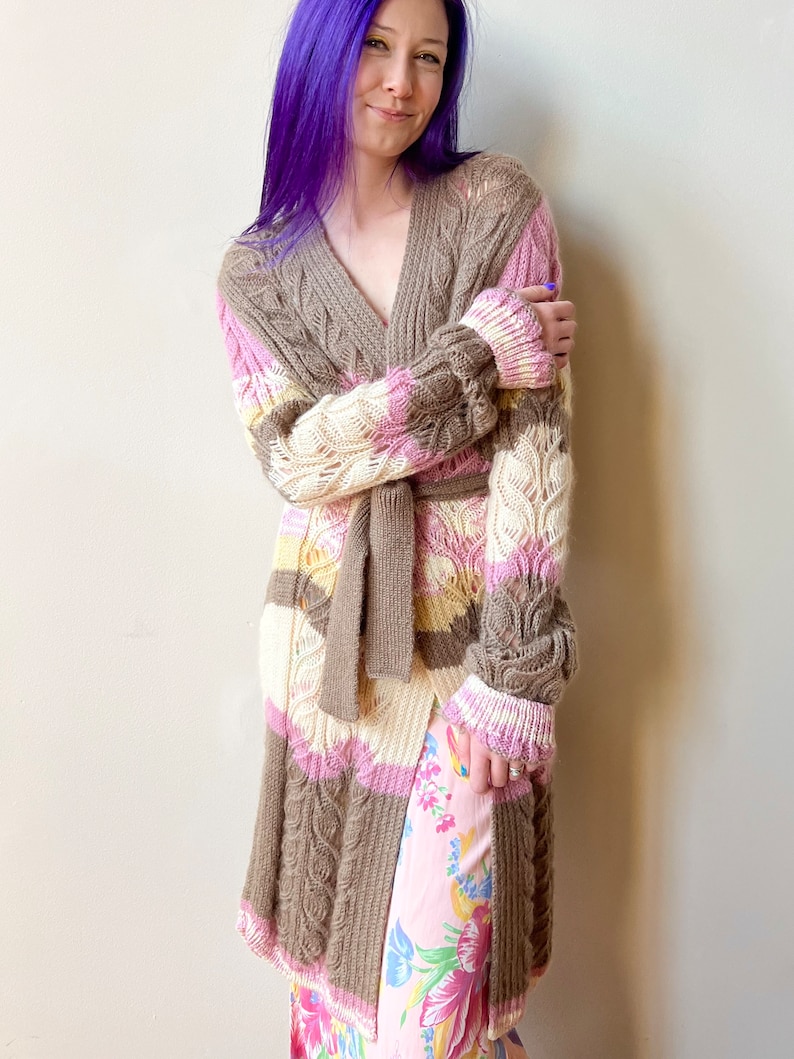 Y2K Missoni Wool Mohair Brown Cream Pink Hand Knit Long Cardigan Tie Waist Sweater image 2