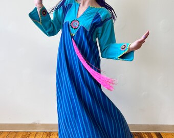 70’s Josefa Mexican Design Cotton Turquoise Indigo Striped Tassel Kaftan Embroidered Maxi Dress