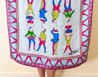 80’s Andy Warhol Circus Performer Jester Acrobat Clown Baby Blue Rainbow Silk Large Square Silk Scarf