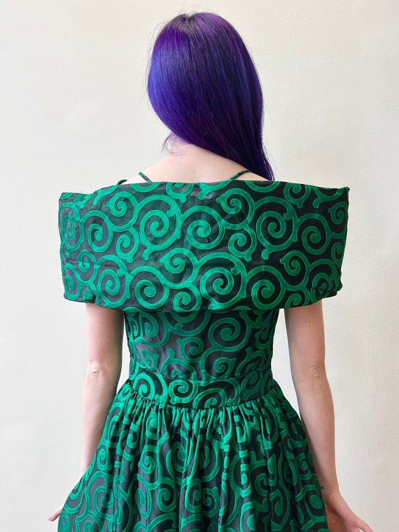 80’s Black Green Brocade Mini Dress and Maxi Cape… - image 8