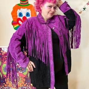 90’s Bob Mackie Wearable Art Pink Purple Fringe Black Suede Whipstitch Shirt jacket Shacket Plus Size