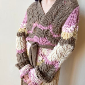 Y2K Missoni Wool Mohair Brown Cream Pink Hand Knit Long Cardigan Tie Waist Sweater image 1