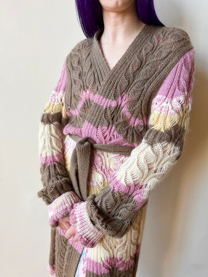 Y2K Missoni Wool Mohair Brown Cream Pink Hand Knit Long Cardigan Tie Waist Sweater image 1