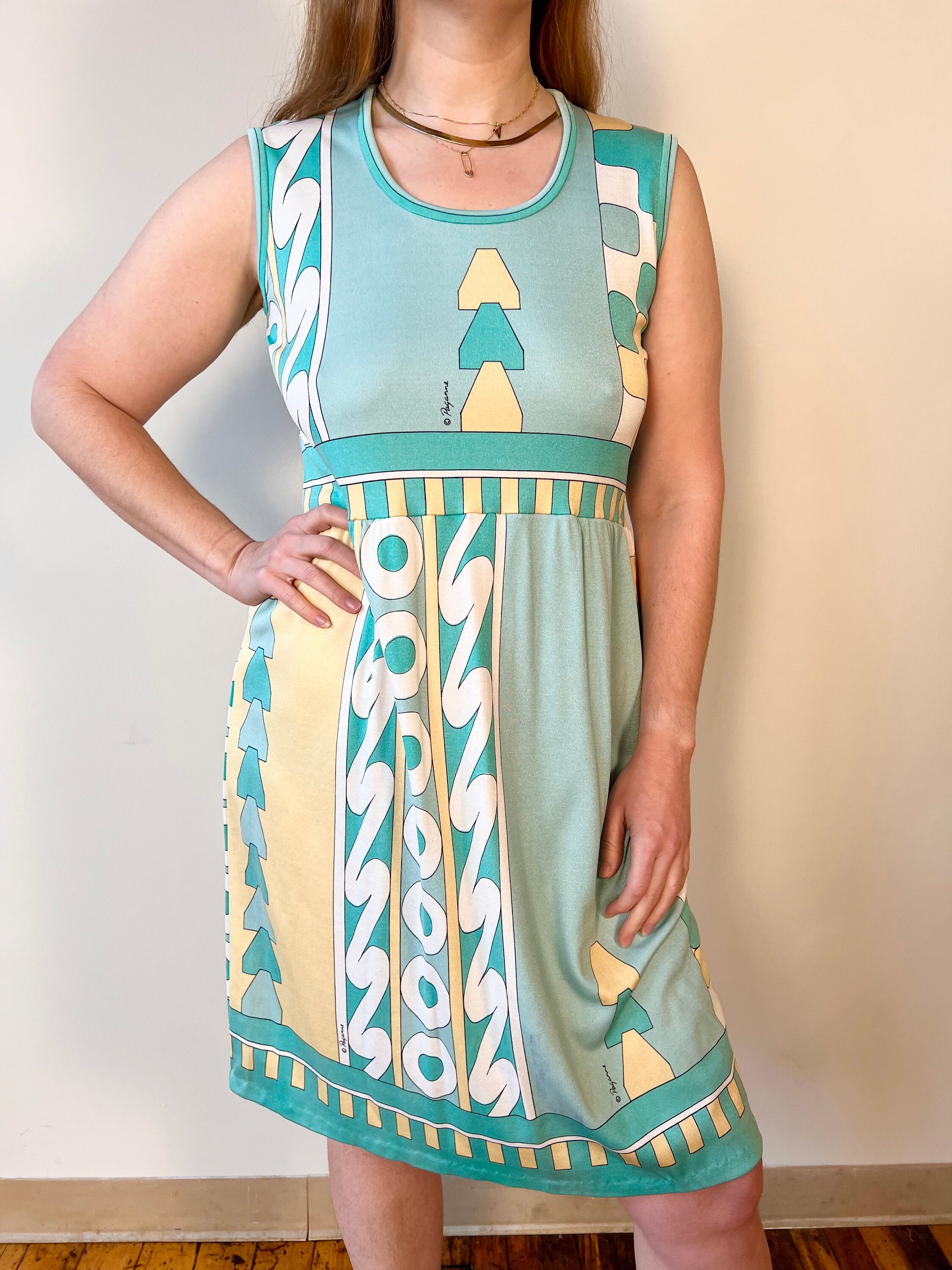 60s Paganne Art Deco Light Turquoise Midi Dress Sleeveless Etsy