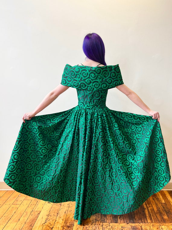 80’s Black Green Brocade Mini Dress and Maxi Cape… - image 2