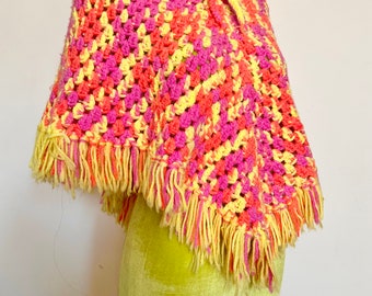 70’s Crochet Handmade Neon Orange Pink Yellow Poncho