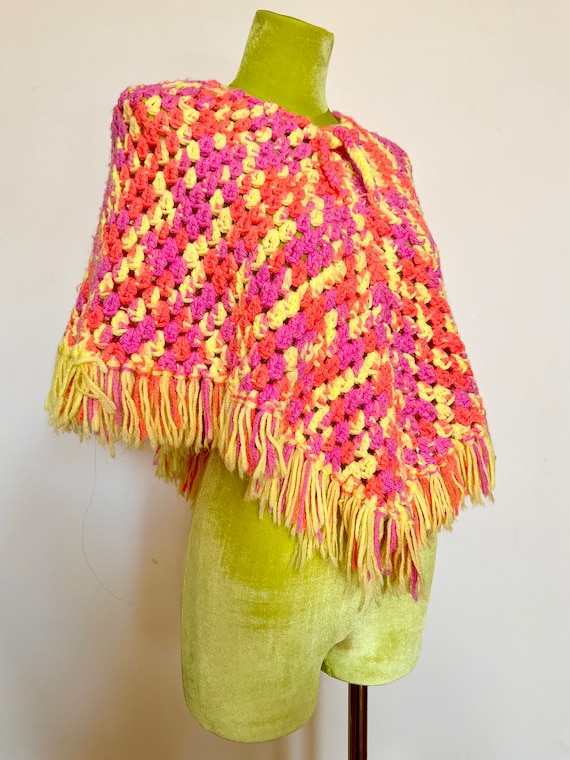 70’s Crochet Handmade Neon Orange Pink Yellow Ponc