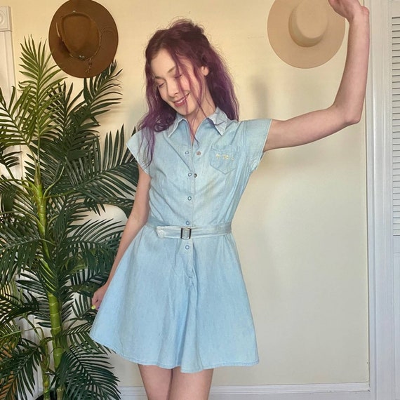 Chambray Denim Mini Dress Skater Skirt Vintage
