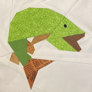Può includere: Un'applique in tessuto verde di un pesce con una bocca in tessuto marrone e un occhio nero. Il pesce è su uno sfondo bianco con uno stelo in tessuto marrone.