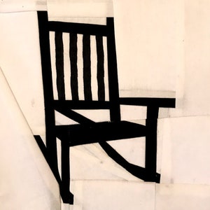 May include: Black and white illustration of a rocking chair on a white background.