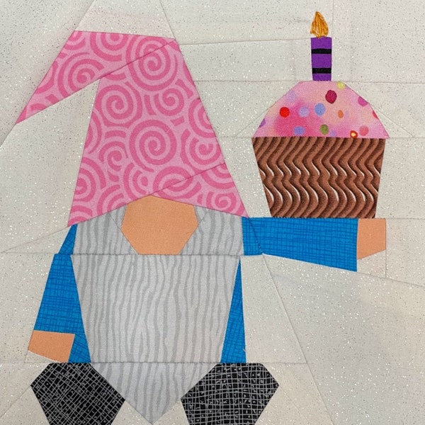 BIRTHDAY GNOME Paper Pieced Block Pattern in PDF, Instant Download, Gnome Pattern, Quilt Block, Gnome Block, Birthday Gift, Made By Marney