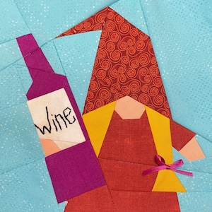 WINE DRINKING GIRL Gnome Paper Pieced Block in pdf, Instant Download, Gnome with Wine, Gnome Block, Quilt Block, Paper Piecing Gnome