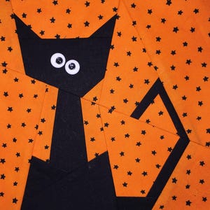 May include: A black cat with white googly eyes is appliqued on an orange fabric background with black stars.