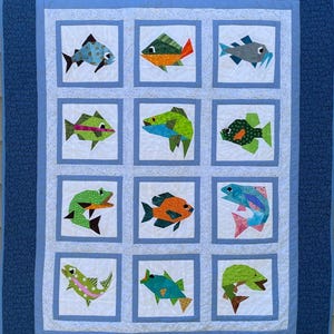 SOMETHING FISHY Quilt Muster in pdf, Papierstück Muster, Sofort Download, Fisch Muster, Made by Marney, Fish Blocks, Foundation Quilt