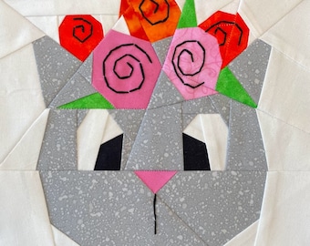 Cat with Flowers Quilt Block Pattern: Paper Pieced (PDF)