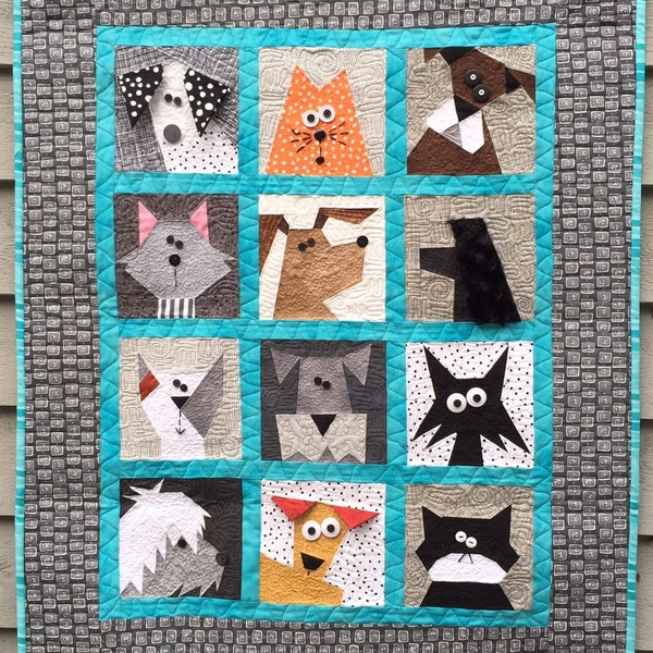 Paper Pieced Cats N' Dogs Pattern in PDF, Cat Quilt, Paper Piecing Patterns, Dog Quilt Pattern, Dog Pattern, Instant Download, Cat Pattern