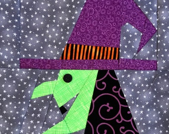 Toothy Witch Paper Pieced Block Pattern, Halloween Quilt (PDF Pattern)