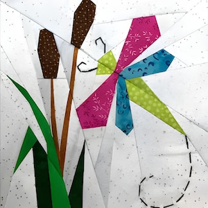 Dragonfly with Cattails Paper Pieced Quilt Block Pattern (PDF Pattern)